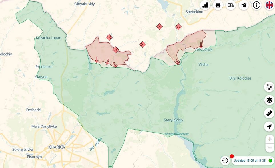 Fragment mapy Deep State Map, pokazujący sytuację na froncie w okolicach Wowczańska