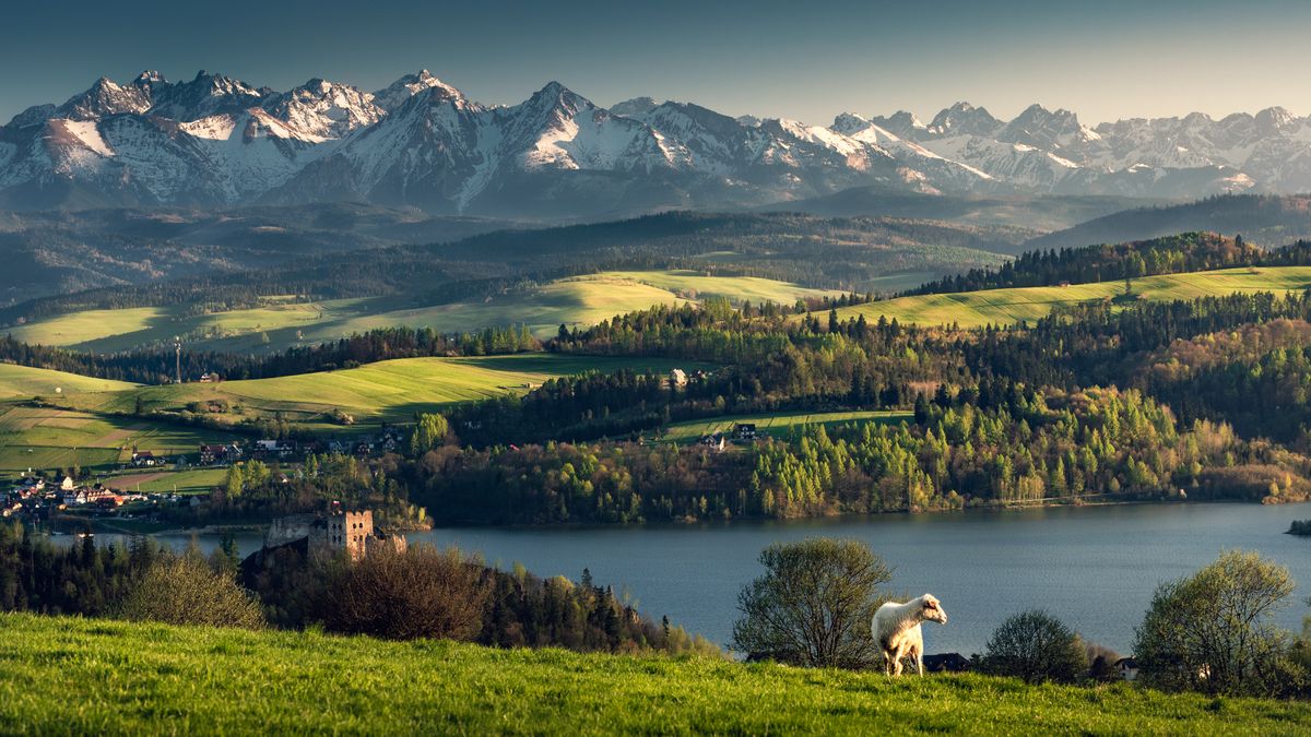 Widok na Czorsztyn, Jezioro Czorsztyńskie, w tle ruiny zamku