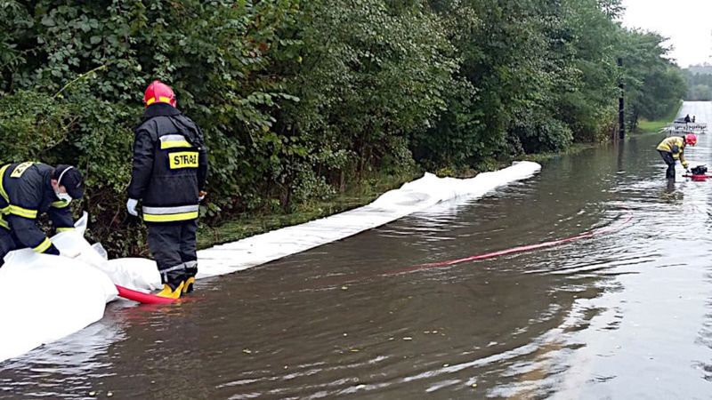 Strażacy wypompowywują wodę z zalanych posesji i dróg.