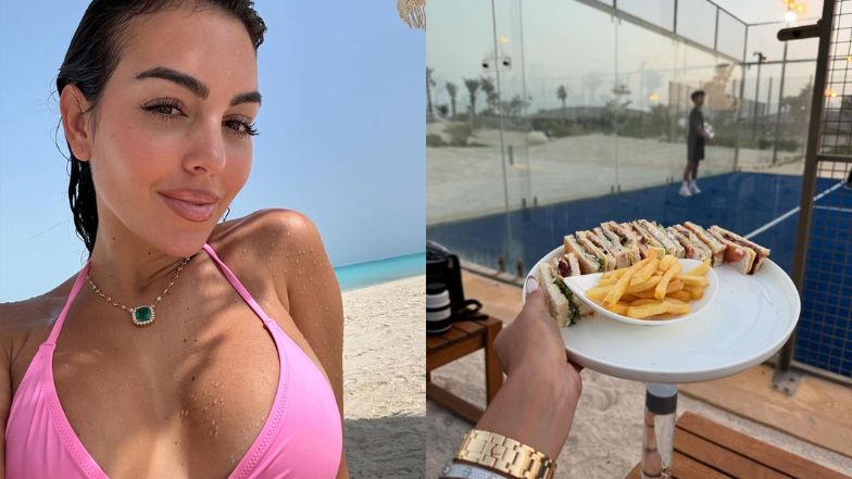 Georgina Rodriguez enjoys chips on holiday. She got ketchup on her diamonds (PHOTO)