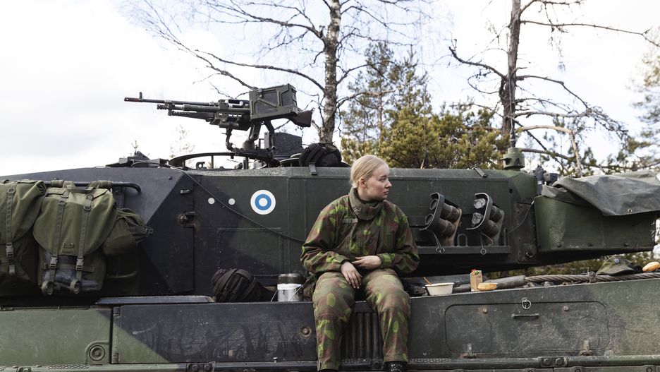 A Finnish solider crewed in a Leopard 2A6 battle tank during the Finnish Army Arrow 22 training exercise, with participating forces from the U.K., Latvia, U.S. and Estonia, in Niinisalo, Finland, on Wednesday, May 4, 2022. Swedes and Finns are increasingly in favor of joining the NATO defense bloc after Russia's invasion of Ukraine, adding pressure on the countries' leaders to change long-standing policies of military non-alignment. Photographer: Roni Rekomaa/Bloomberg via Getty Images