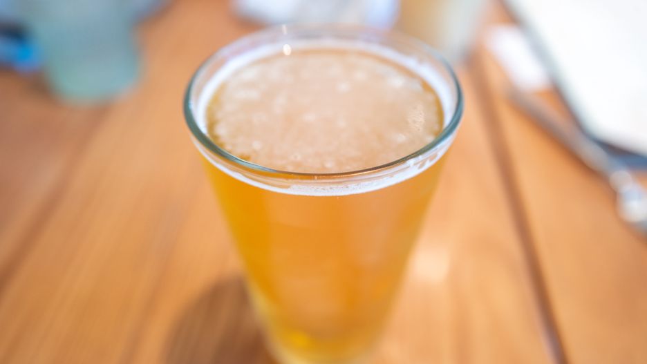 Close-up of a glass of light-colored beer on a restaurant table, Santa Rosa, California, July, 2025. (Photo by Smith Collection/Gado/Getty Images)