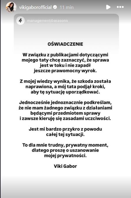Viki Gabor wydała oświadczenie
