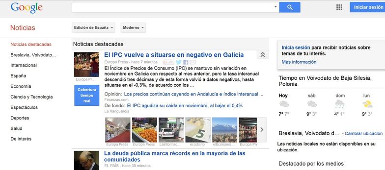 Tak wyglądała dziś strona główna hiszpańskiego Google News</br>w momencie publikacji tekstu