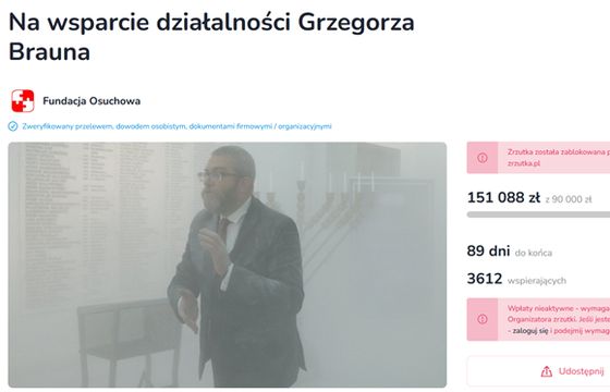 Zrzutka blokuje wszystkie zbiórki dla Grzegorza Brauna