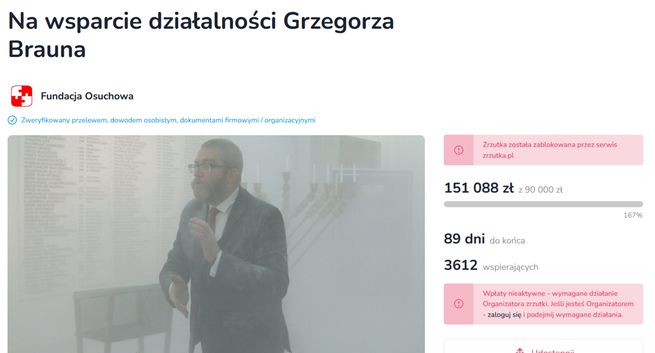Zrzutka blokuje wszystkie zbiórki dla Grzegorza Brauna