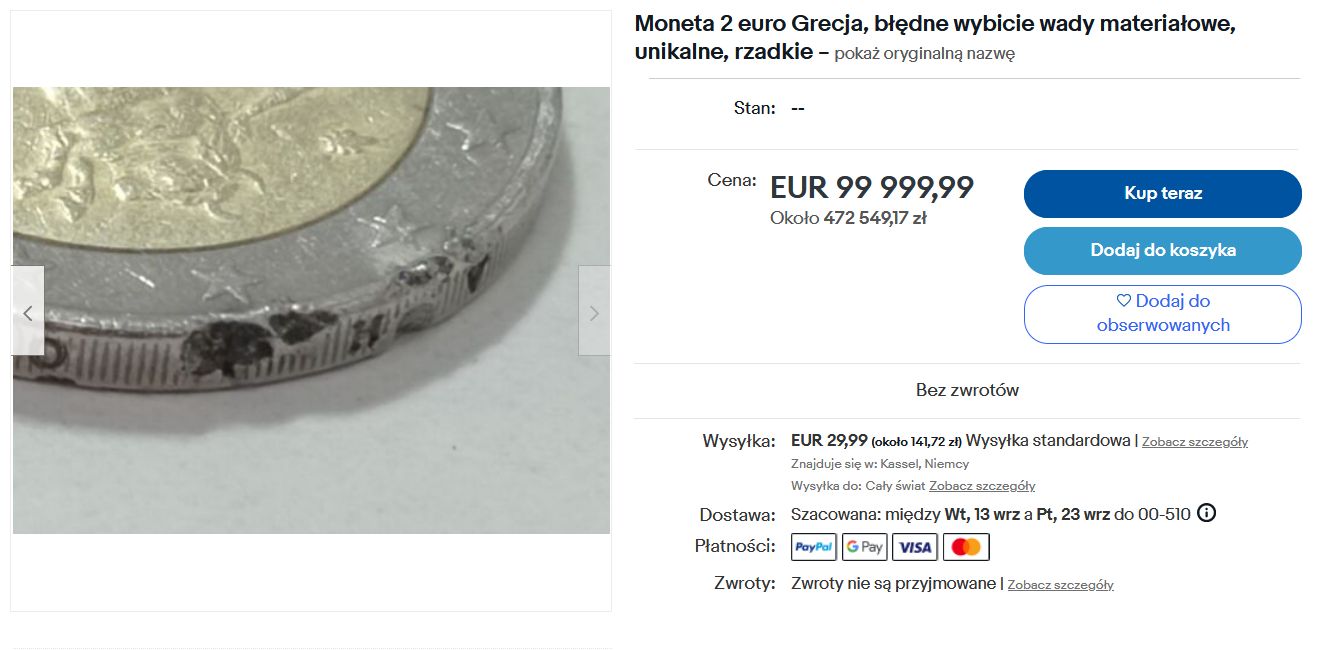 Moneta 2 euro, wystawiona za niemal 100 tys. euro, na portalu eBay