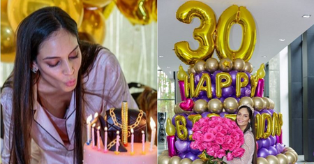Młodsza o 18 lat żona miliardera świętuje 30. urodziny: gigantyczna wieża z balonów i tort z drogim butem