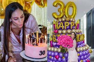 Młodsza o 18 lat żona miliardera świętuje 30. urodziny: gigantyczna wieża z balonów i tort z drogim butem