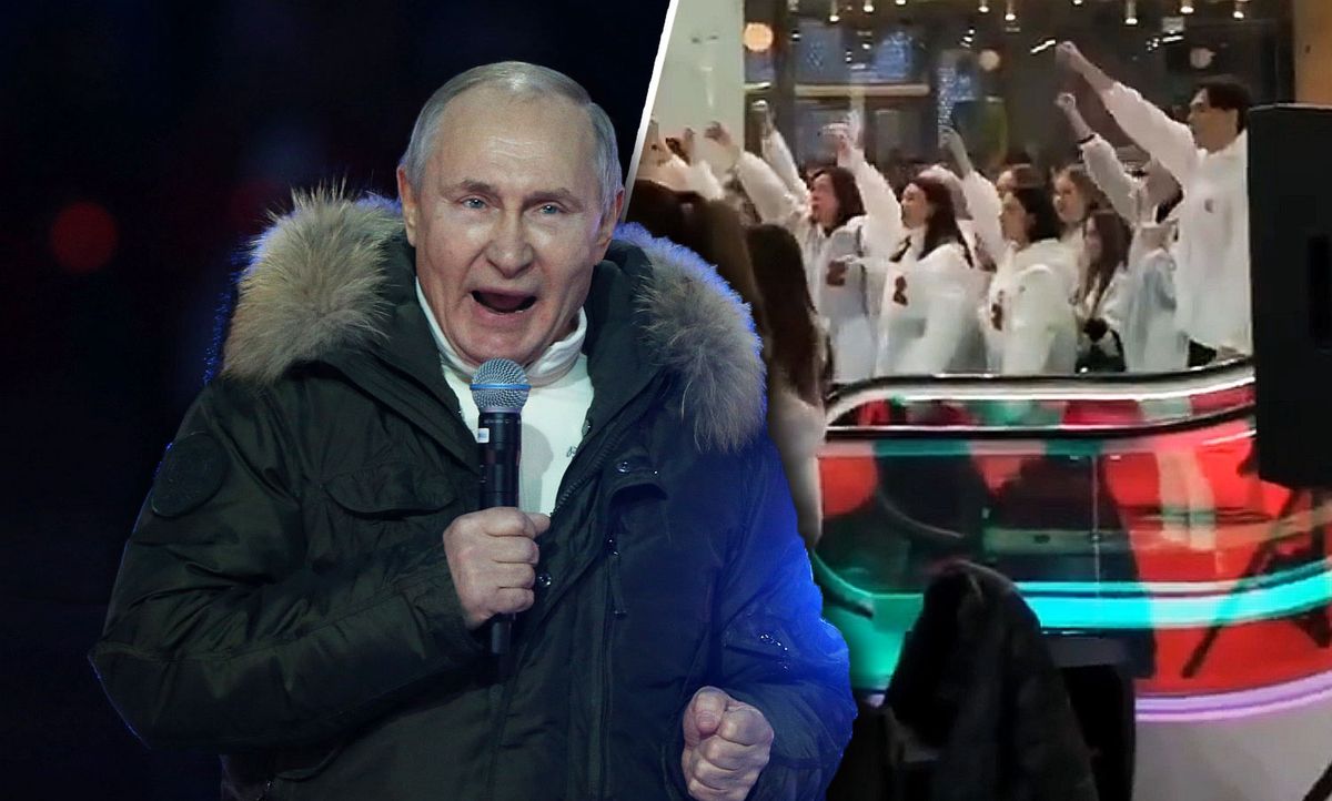 Po lewej: Władimir Putin podczas obchodów 7. rocznicy aneksji Krymu. Po prawej: wiec wsparcia dla działań rosyjskiej armii oraz Putina. Kazań, marzec 2022 r.