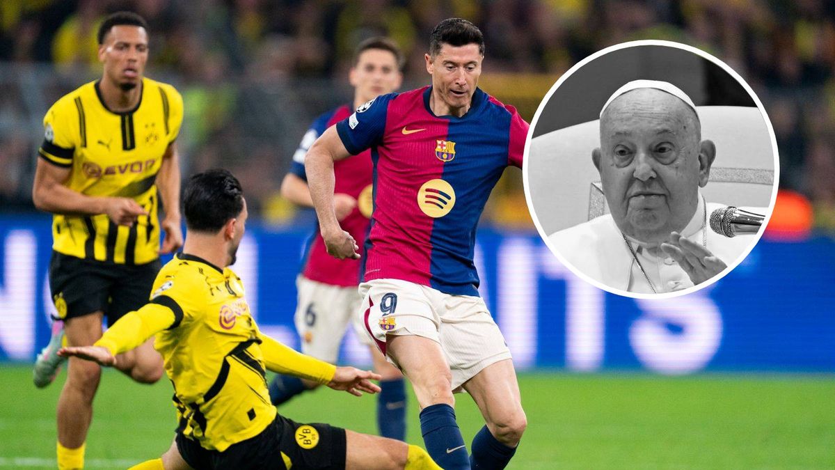 Getty Images / Joris Verwijst/BSR Agency/Getty Images/ Vatican Media via Vatican Pool/Getty Images / Na dużym zdjęciu kadr z meczu BVB - Barcelona, na małym papież Franciszek