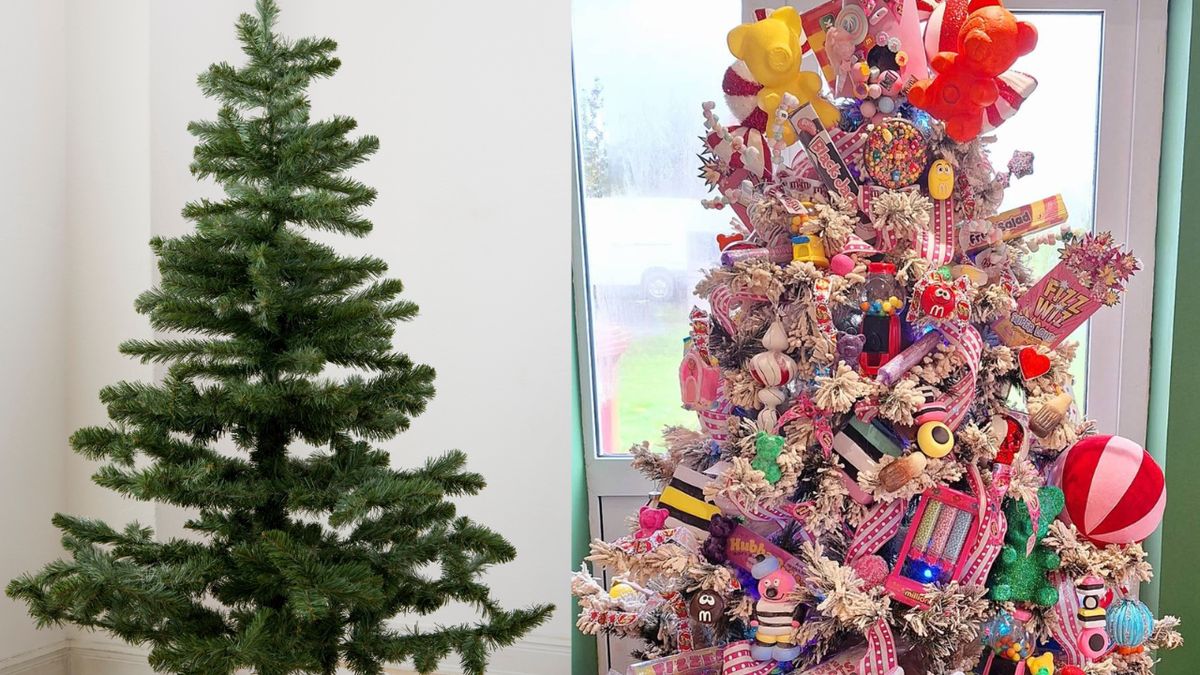 Zestawienie pustej choinki i przyozdobionej słodkościami