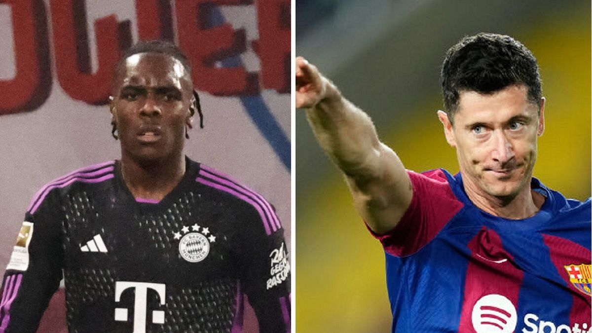 PAP/EPA / CLEMENS BILAN/Jose Breton/Pics Action/NurPhoto / Na zdjęciu: Mathys Tel i Robert Lewandowski