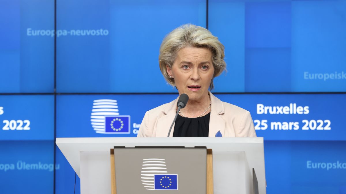Leyen-Michel joint press conference in BrusselsâââââââBRUSSELS, BELGIUM - MARCH 25: (---EDITORIAL USE ONLY â MANDATORY CREDIT - "EUROPEAN COUNCIL / POOL" - NO MARKETING NO ADVERTISING CAMPAIGNS - DISTRIBUTED AS A SERVICE TO CLIENTS----) European Commission President Ursula von der Leyen and President of EU Council Charles Michel hold a joint press conference in Brussels, Belgium on March 25, 2022. (Photo by EU Council / Pool/Anadolu Agency via Getty Images)Anadolu Agencycharles michel