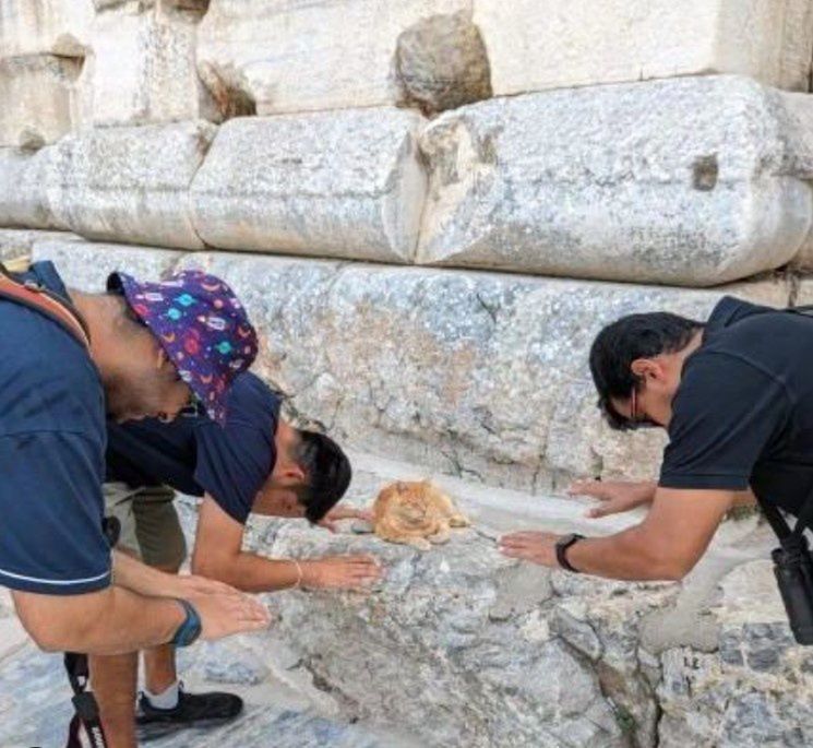 Some tourists act out various funny scenes in front of Garfield.