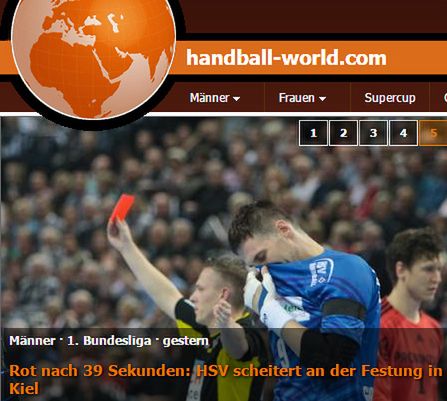 39 sekund po pierwszym gwizdku meczu THW Kiel - HSV Hamburg Piotr Grabarczyk za nieprzepisowe zagranie został ukarany czerwoną kartką (screen: handball-world.com)
