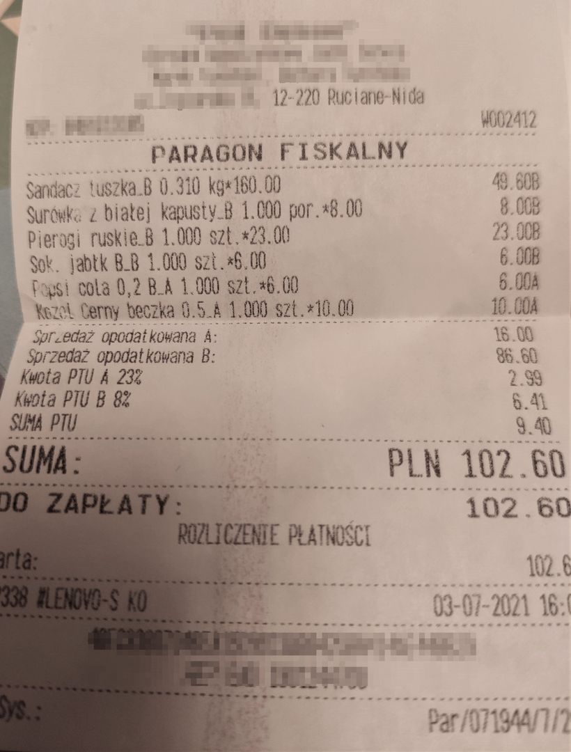 Nasz czytelnik pokazał paragon z jednej z restauracji na Mazurach. 