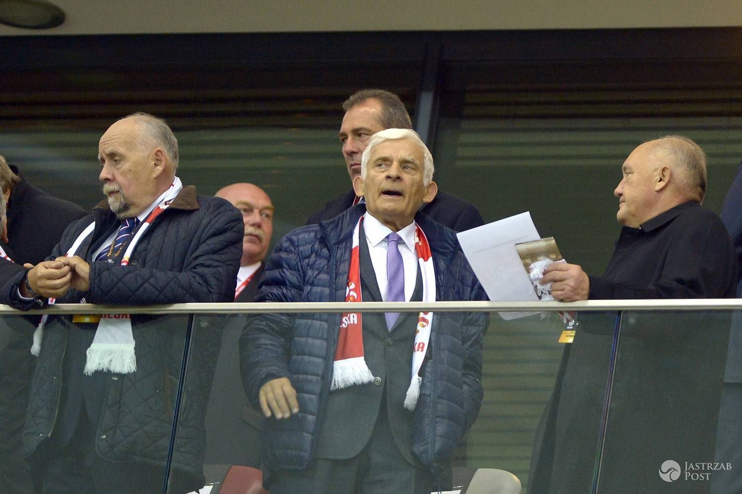 Andrzej Person, Jerzy Buzek, Kazimierz Nycz na meczu Polska-Dania