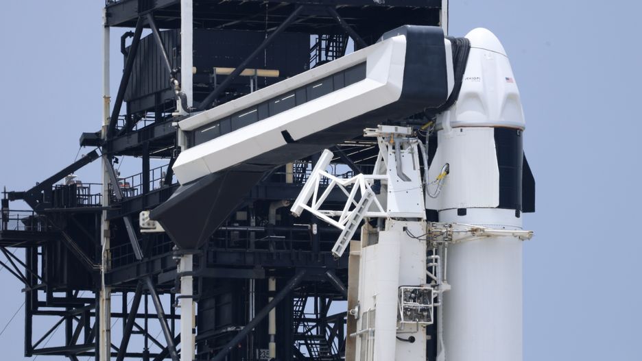 CAPE CANAVERAL, FLORIDA - JUNE 11:  A SpaceX Falcon 9 rocket and Dragon spacecraft sit on the pad at Launch Complex 39A at NASA’s Kennedy Space Center before the launch of Axiom Space’s Axiom Mission on June 11, 2025, in Cape Canaveral, Florida. The Axiom-4 mission, carrying four astronauts to the International Space Station, was scrubbed on Wednesday morning to allow crews time to repair a liquid oxygen leak that was discovered during inspections.  (Photo by Joe Raedle/Getty Images)