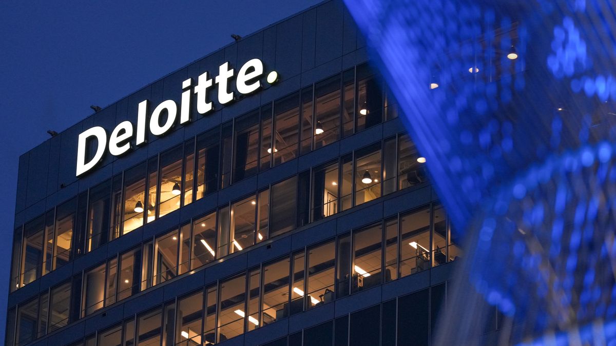 ARLINGTON, VA - May 15: The corporate logo for the professional services company Deloitte is seen on top of their Washington, D.C. regional office building on May 15, 2025, in Arlington, VA. (Photo by J. David Ake/Getty Images)