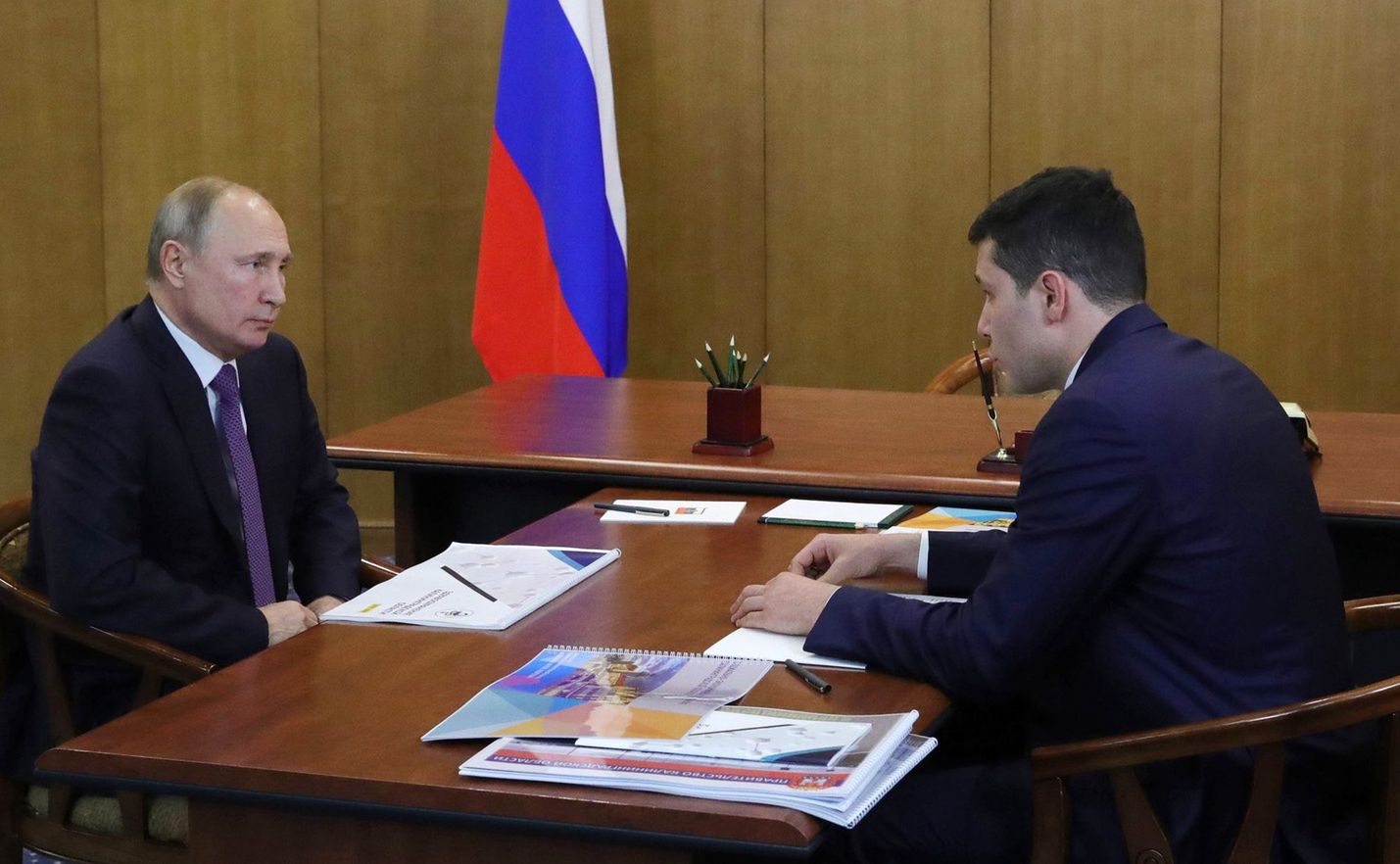 Russian President Putin on working trip to Kaliningrad RegionOctober 31, 2019. - Russia, Kaliningrad Region, Svetlogorsk. - Russian President Vladimir Putin (left) and Kaliningrad Region Governor Anton Alikhanov during a meeting.,Image: 480435507, License: Rights-managed, Restrictions: Editorial use only, Model Release: no, Credit line: Kremlin Pool / Russian Look / ForumKremlin Pool / Russian Look / Forumportrait, politician, statesman, 20191101_gaf_rk70_008.jpg, category_code_new