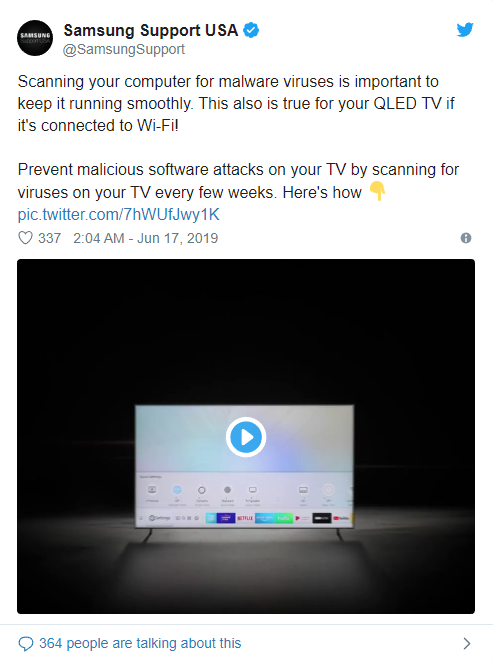 Zrzut ekranu wpisu na Twitterze zalecającego regularne skanowanie telewizora. Później wpis ten został usunięty. Źródło: The Verge.