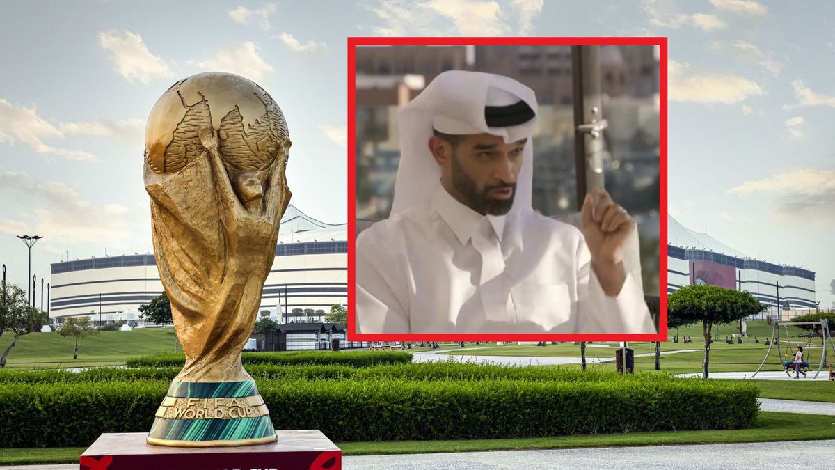 stadion Al Bayt w Al-Khor, który powstał na MŚ 2022, na małym zdjęciu: Hassan Al-Thawadi