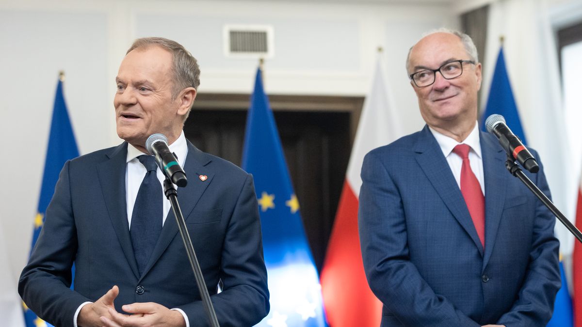 Donald Tusk, Wlodzimierz Czarzasty during the signing of the coalition agreement regarding the tasks of establishing a new government in Poland in Warsaw, Poland on November 10, 2023. (Photo by Foto Olimpik/NurPhoto via Getty Images)
