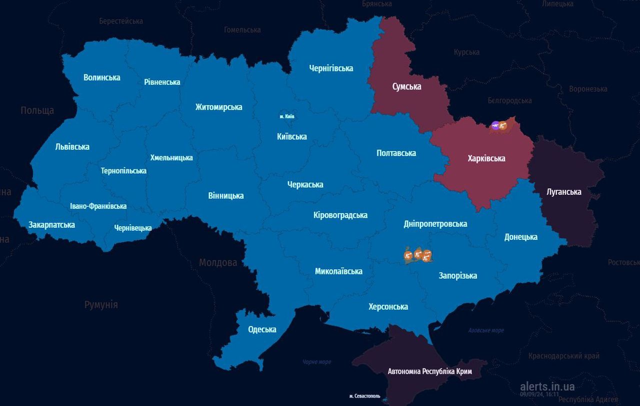 Aktualna mapa alarmów przeciwlotniczych w Ukrainie