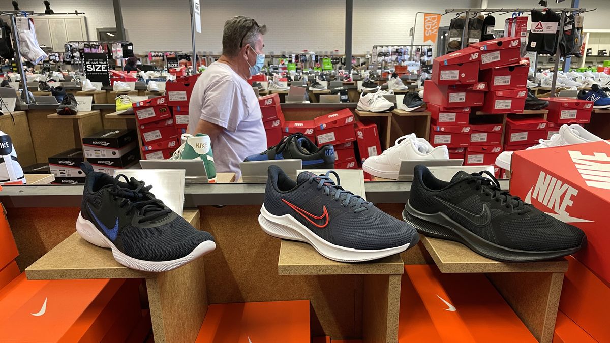 NOVATO, CALIFORNIA - SEPTEMBER 27: Nike shoes are displayed at a shoe store on September 27, 2021 in Novato, California. Nike has had to downgrade its fiscal 2022 revenue outlook as the shoe company faces supply chain shortages that will impact inventories ahead of the holiday shopping season. (Photo by Justin Sullivan/Getty Images)