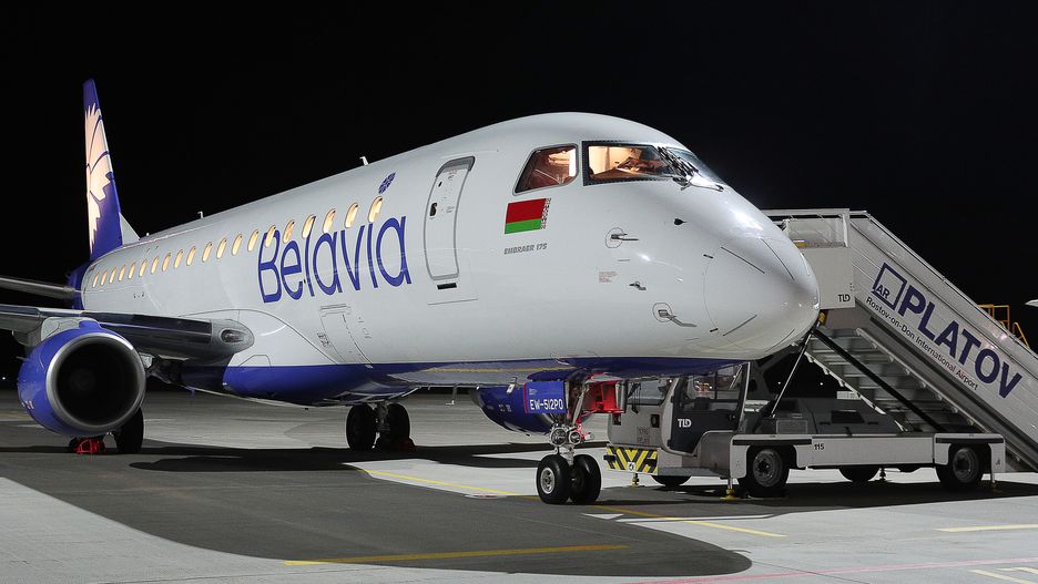 ROSTOV-ON-DON, RUSSIA - FEBRUARY 14, 2021: A Belavia Belarusian Airlines plane is pictured at Platov International Airport ahead of departing for Minsk. The Belavia Belarusian Airlines has resumed Minsk-St Petersburg and Minsk-Rostov-on-Don flights suspended due to the COVID-19 pandemic. Erik Romanenko/TASS (Photo by Erik Romanenko\TASS via Getty Images)