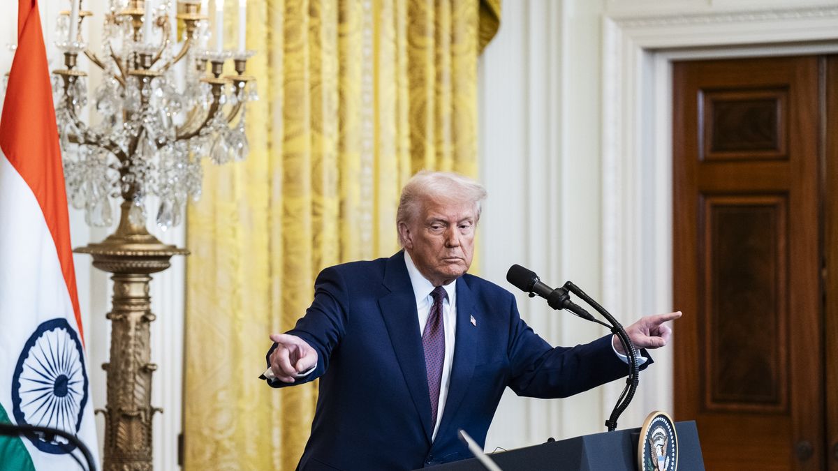 Washington, DC - February 13 : President Donald J Trump speaks with India's Prime Minister Narendra Modi during a news conference in the East Room at the White House on Thursday, Feb 13, 2025 in Washington, DC. (Photo by Jabin Botsford/The Washington Post via Getty Images)