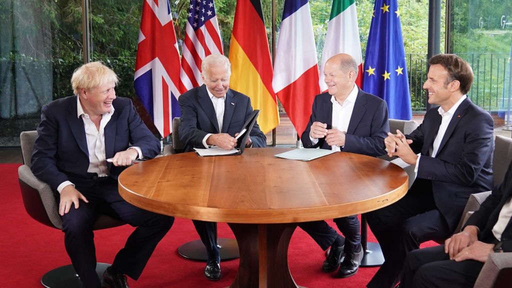 G7 Leaders Convene For Summit At Schloss Elmau
GARMISCH-PARTENKIRCHEN, GERMANY - JUNE 28: (left to right) Prime Minister Boris Johnson, US President Joe Biden, German Chancellor Olaf Scholz and President of France Emmanuel Macron during a 'quad' meeting at the G7 summit at Elmau Castle on June 28, 2022 near Garmisch-Partenkirchen, Germany. Leaders of the G7 group of nations are officially coming together under the motto: "progress towards an equitable world" and will discuss global issues including war, climate change, hunger, poverty and health. Overshadowing this year's summit is the ongoing Russian war in Ukraine. (Photo by Stefan Rousseau - Pool/Getty Images)
Pool