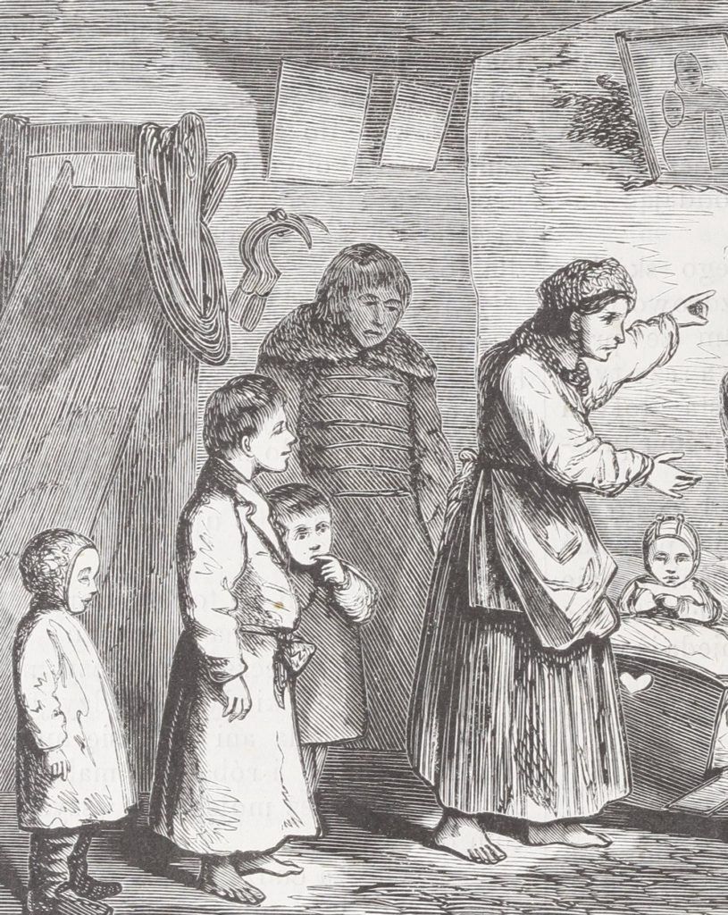 Wielodzietna chłopska rodzina na rysunku z drugiej połowy XIX wieku