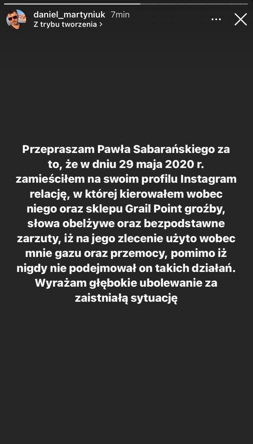 Daniel Martyniuk przeprasza pracowników sklepu