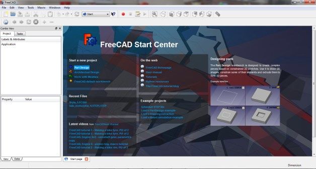 Okno startowe FreeCAD. Zanim zaczniemy nasz pierwszy projekt, warto skorzystać z dostępnych (przeważnie online) zasobów.
