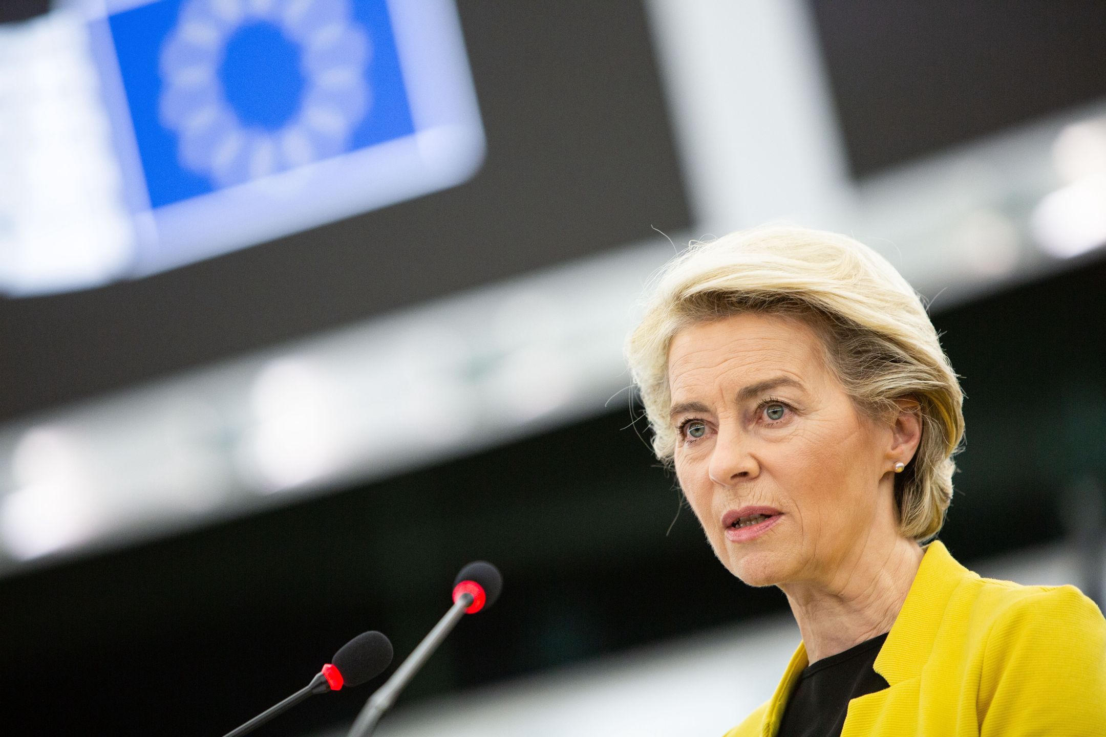 STRASBOURG, FRANCE - JULY 07:  European Commission President Ursula von der Leyen delivers a speech during a plenary session at the European Parliament in Strasbourg, France on July 07, 2021. (Photo by European Parliament / Pool/Anadolu Agency via Getty Images)