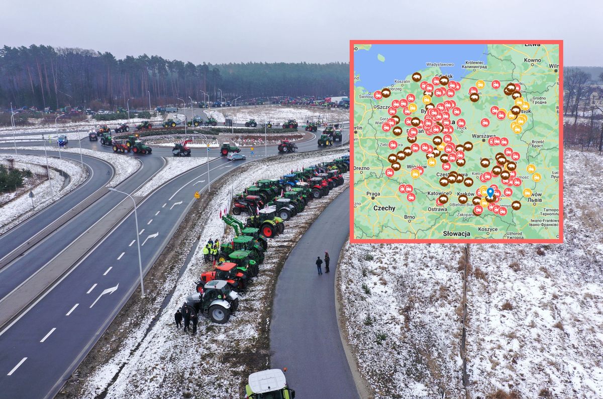 strajk rolników, protest rolników, blokady dróg, utrudnienia na drogach Protest rolników. 20 lutego 2024. Mapa utrudnień na drogach