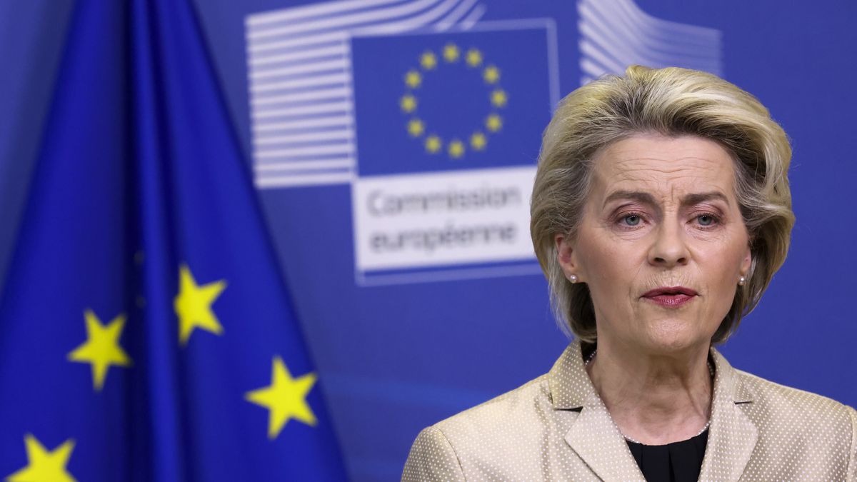 Na zdjęciu Ursula von der Leyen na tle unijnej flagi