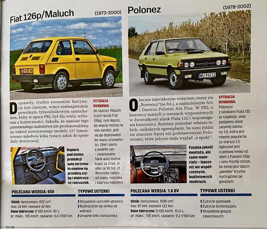 Magazyn AutoMoto poleca Malucha i Poloneza, jako "klasyka z PRL-u" dla studenta