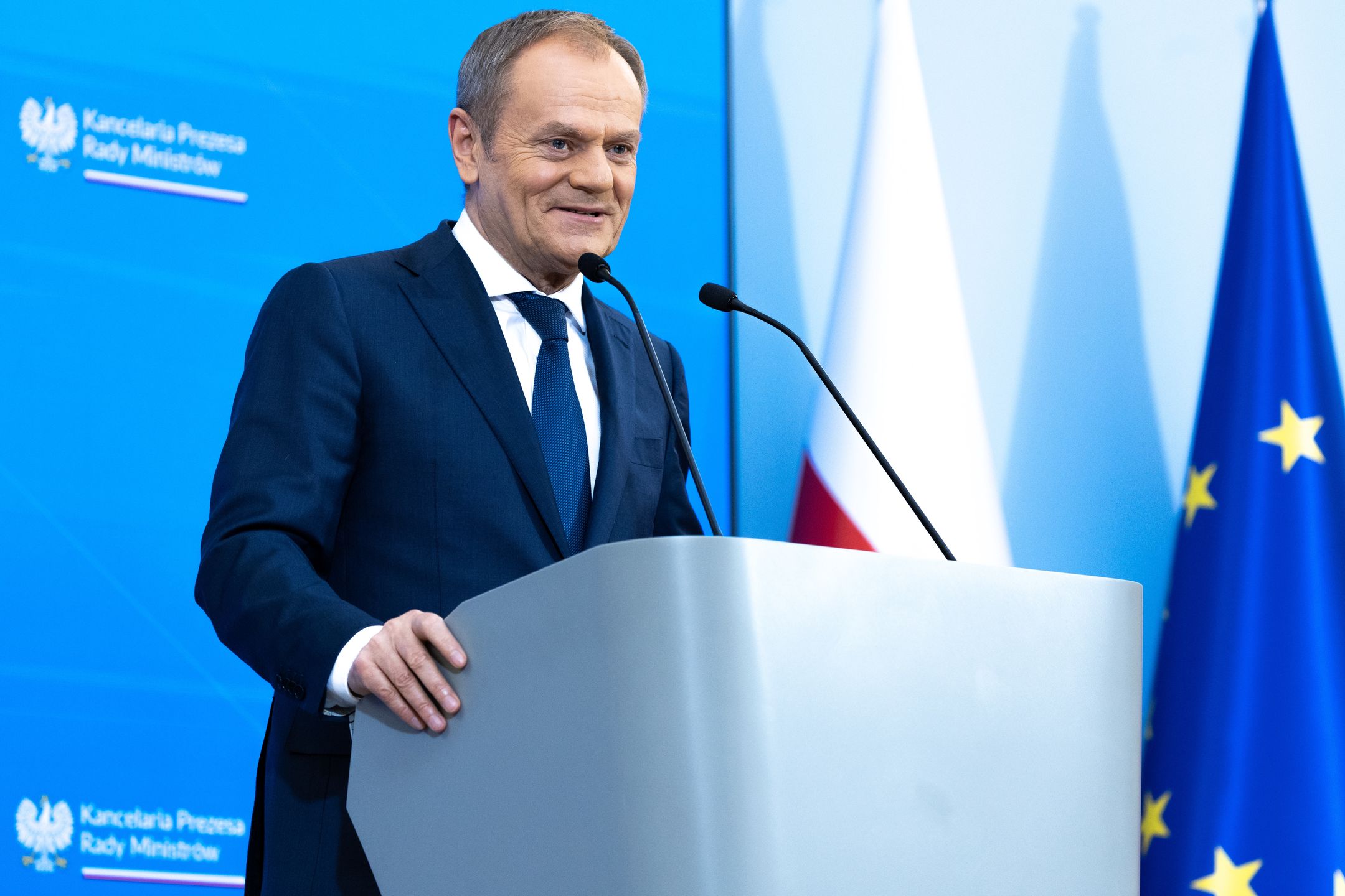 Polish Prime Minister Donald Tusk is making a statement to the press after the Council of Ministers meeting in Warsaw, Poland, on March 19, 2024. (Photo by Andrzej Iwanczuk/NurPhoto via Getty Images)