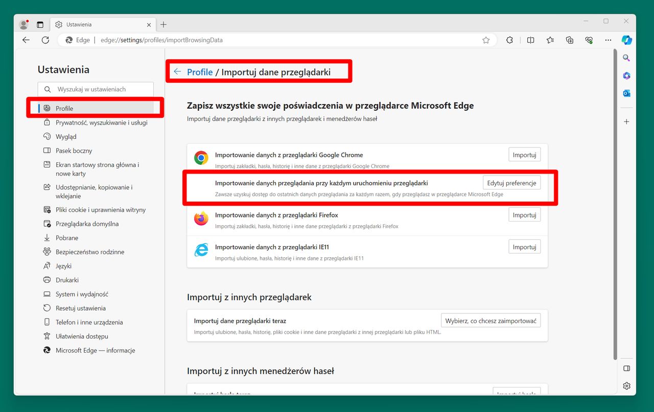 Ustawienia importowania danych w Edge'u