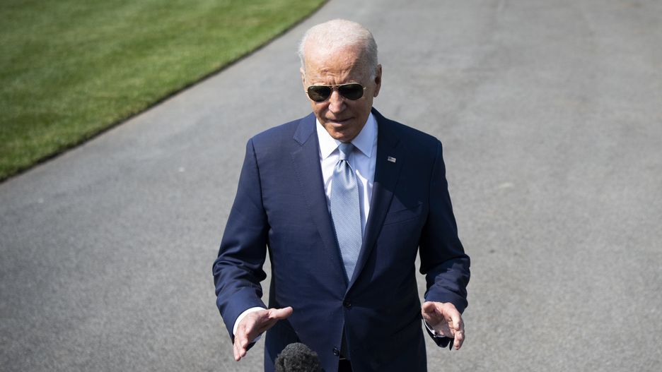 UNITED STATES - JULY 7: President Joe Biden speaks with members of the media on the South Lawn of the White House before boarding Marine One for a trip to Illinois, in Washington on Wednesday, July 7, 2021. (Photo by Caroline Brehman/CQ-Roll Call, Inc via Getty Images)