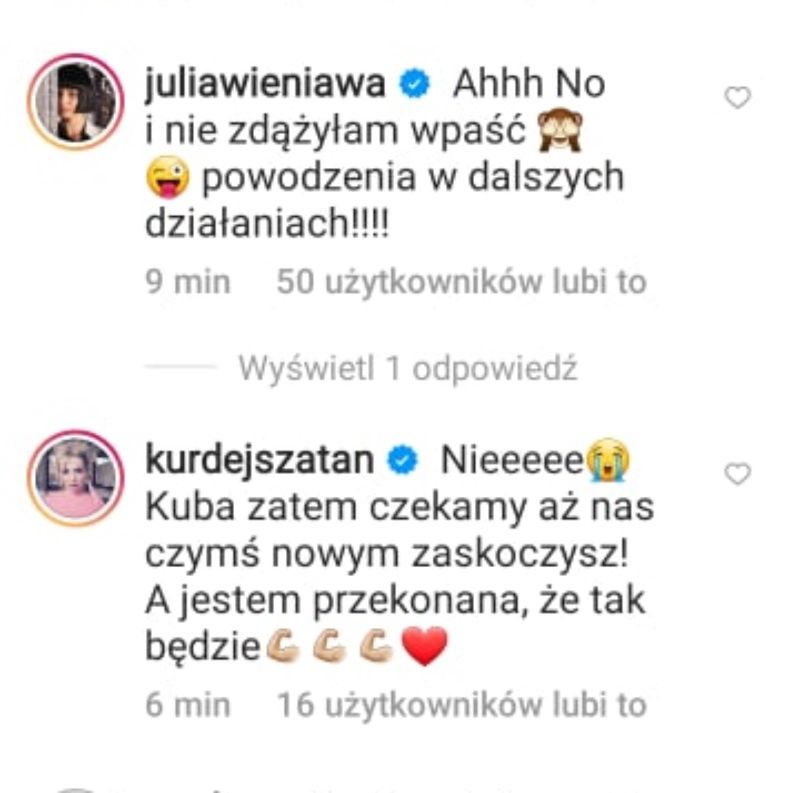 Julia Wieniawa komentuje wpis Kuby Wojewódzkiego