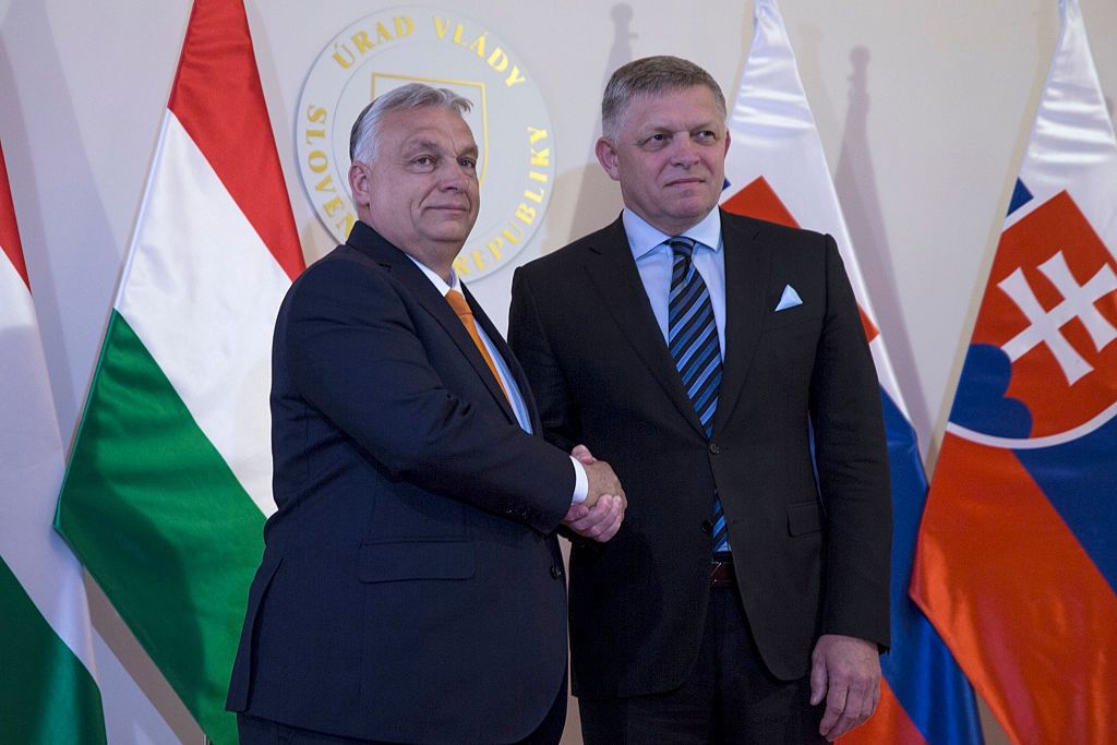Hungarian PM Viktor Orban Meets Slovakian PM Robert Fico In Bratislava
BRATISLAVA, SLOVAKIA - APRIL 28: Slovakian Prime Minister Robert Fico (R) shakes hands with Hungarian Prime Minister Viktor Orban at the Slovak Government Office during an official state visit in Slovakia on April 28, 2025 in Bratislava, Slovakia. The Slovak Prime Minister along with his Hungarian counterpart will discuss the develoPrime Ministerent of bilateral relations and will also address the economic and geopolitical challenges that the European Union is currently facing. Fico and Orban will also focus on the EU's long-term budget, opportunities for cooperation in the energy sector, and measures to prevent illegal migration. (Photo by Zuzana Gogova/Getty Images)
Zuzana Gogova