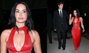 Lżejsza o 23 kilogramy Demi Lovato mknie na świąteczną imprezę w czerwonej sukience z dekoltem. Zabrała ze sobą męża (ZDJĘCIA)