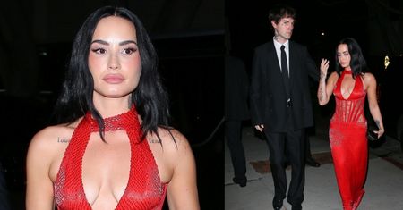 Lżejsza o 23 kilogramy Demi Lovato mknie na świąteczną imprezę w czerwonej sukience z dekoltem. Zabrała ze sobą męża (ZDJĘCIA)