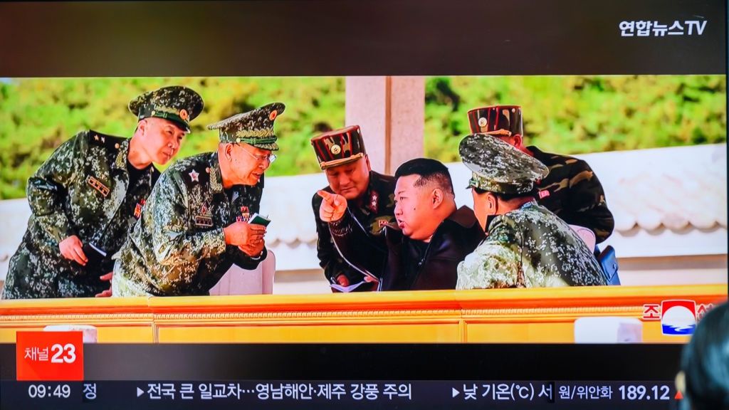 A 24-hour Yonhap News TV broadcast at Yongsan Railway
SEOUL, SOUTH KOREA - 2024/10/04: A 24-hour Yonhap News TV broadcast at Yongsan Railway Station in Seoul shows North Korean leader Kim Jong Un inspecting a training base of the Korean People's Army's special operations forces in western Pyongyang, a day after South Korea's Armed Forces Day. On October 4, state media reported that Kim Jong Un strongly criticized South Korean President Yoon Suk Yeol, calling him an "abnormal man" for discussing military action against nuclear-armed North Korea. (Photo by Kim Jae-Hwan/SOPA Images/LightRocket via Getty Images)
SOPA Images
training base, 24-hour yonhapnews, tv broadcast, inspecting, leader, kim jong un, inspect, korean people's army's special operations forces, yongsan railway station