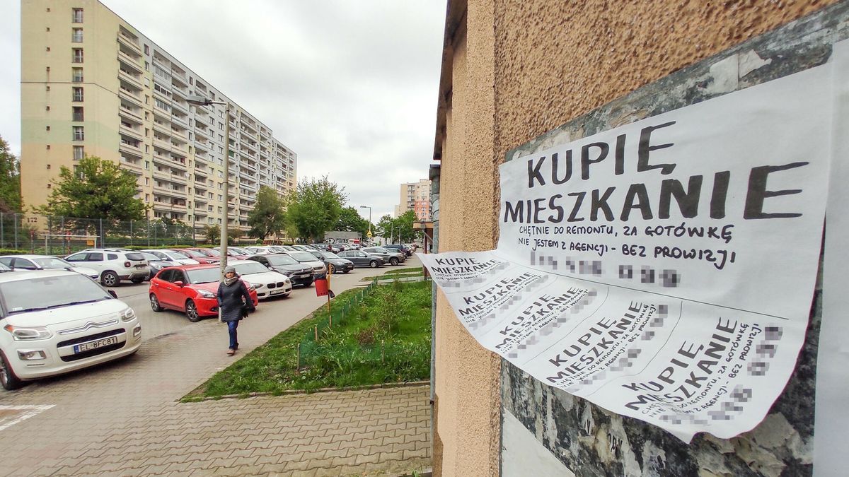 Reporter archiwum 2024 0428.04.2024 Lodz. Flipper to calkiem nowy zawod, ktory polega na tym, aby zakupowac nieruchomosci w okazyjnych cenach, zwiekszac ich wartosc i kolejno sprzedawac z zyskiem dla siebie. W Lodzi pelno jest o gloszen o skupach mieszkan... N/z ogloszenie na lodzkiej Retkini. Fot. Piotr Kamionka/REPORTERPiotr Kamionka/REPORTER