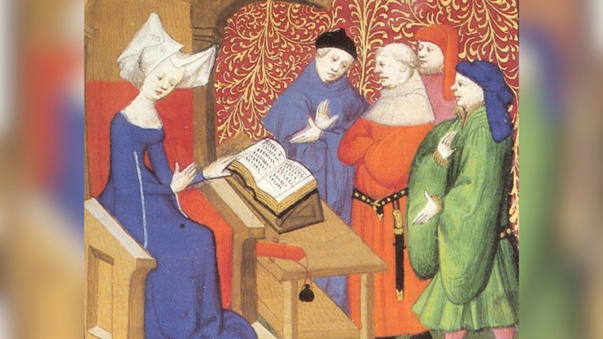 Krystyna de Pizan wygłaszająca wykład, miniatura z kompilacji dzieł autorki z 1413 roku